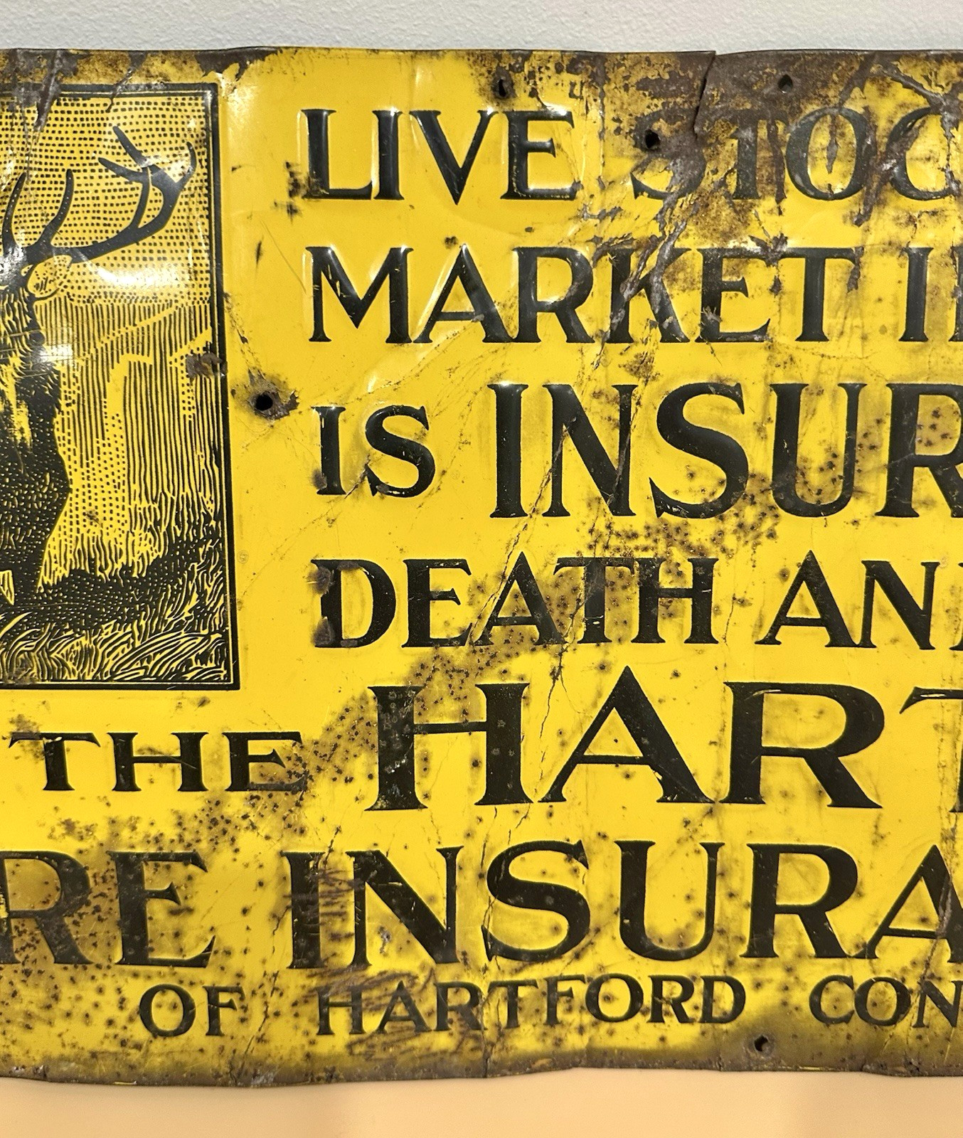 Vintage Hartford Fire Insurance Live Stock Market Metal Sign 23 1/2″ X 11 1/4″