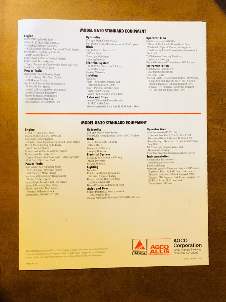 AGCO ALLIS 8600 Series 103 to 120 HP Tractors Specs Sales Brochure – Mint