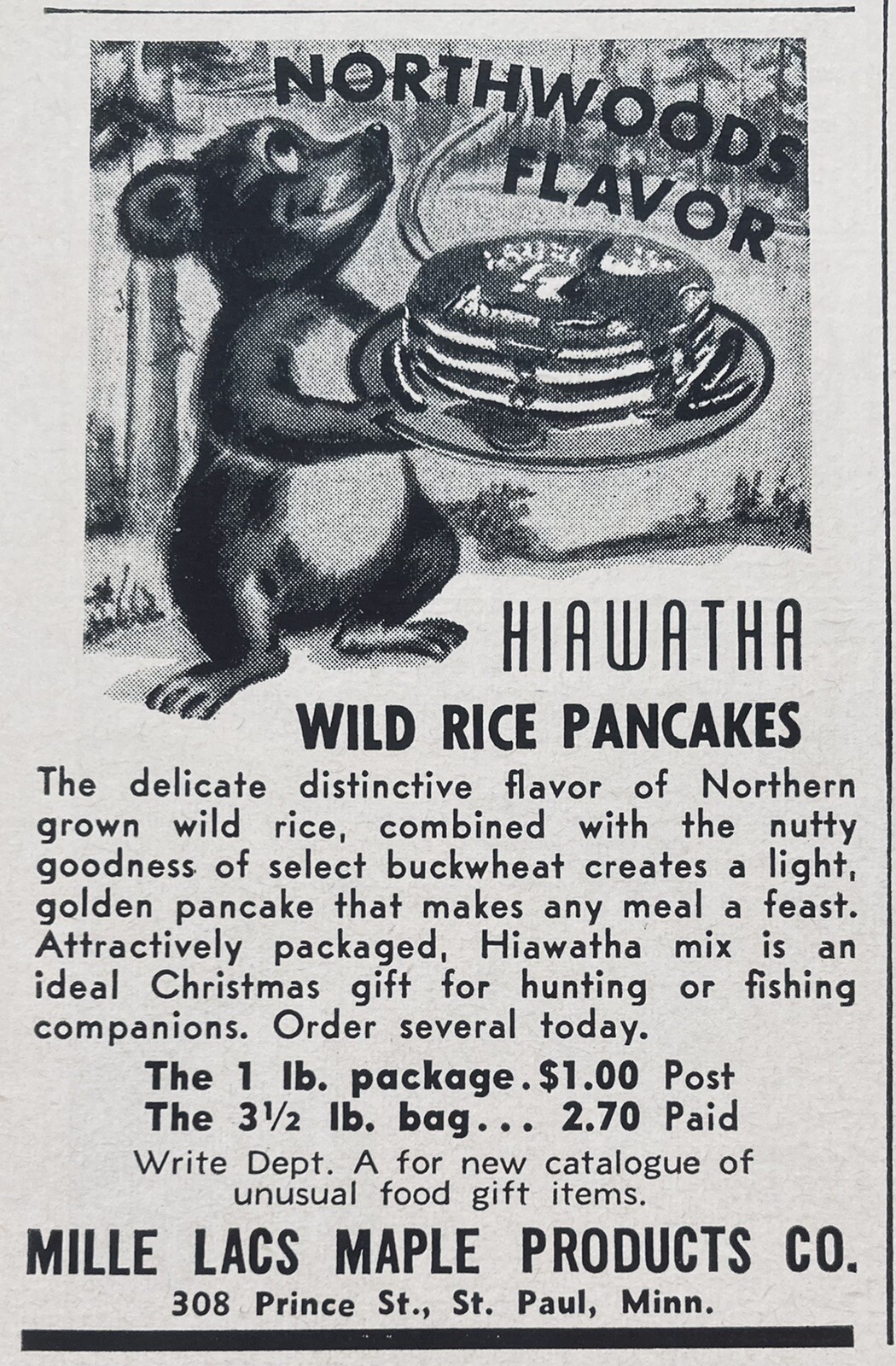 1956 AD.(XG12)~MILLE LACS MAPLE PRODUCTS CO. ST. PAUL, MINN. HIAWATHA PANCAKES