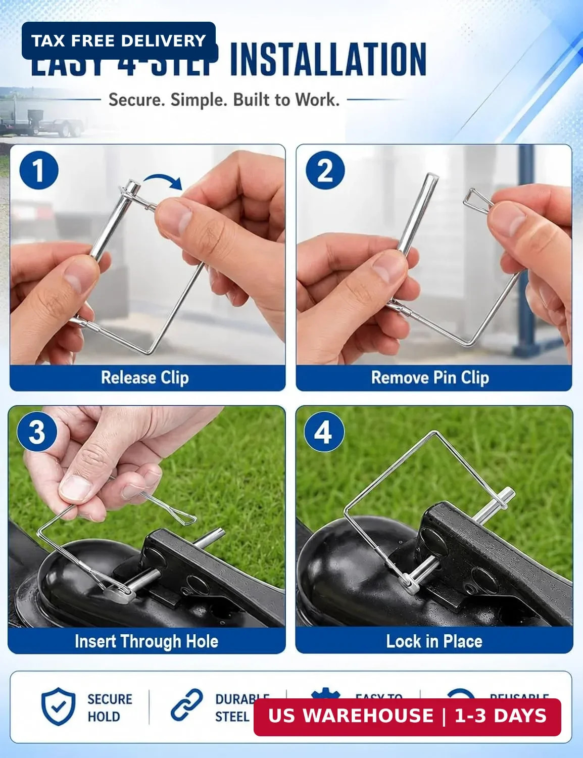5 Pack Square Trailer Pin 1/4 inch x 2-3/4 inch, Heavy Duty Shaft Locking Pin, C