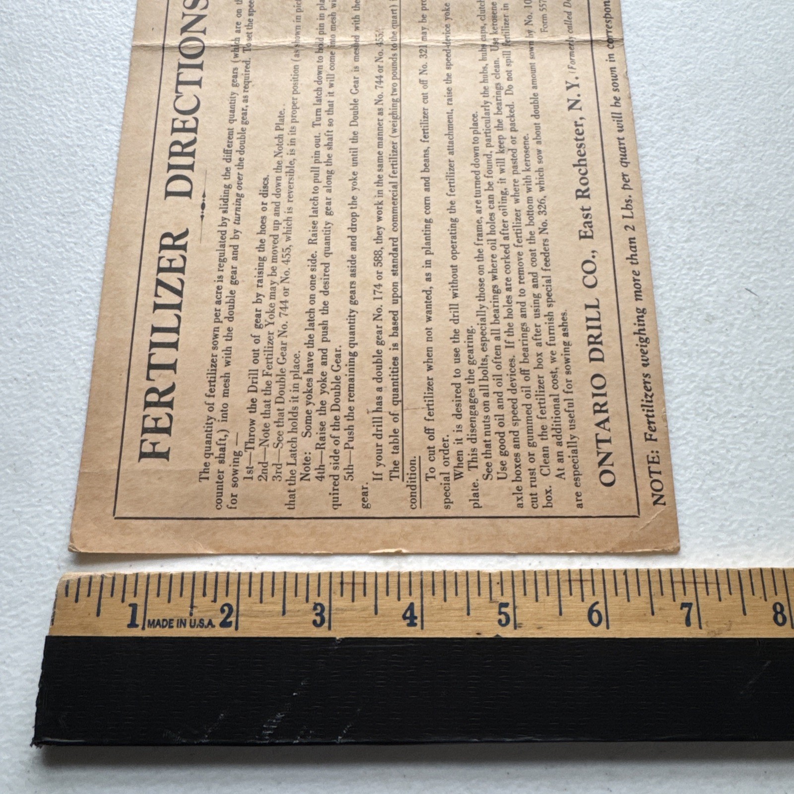 Ontario Drill Co. 7-Inch Drills Fertilizer Directions Application chart