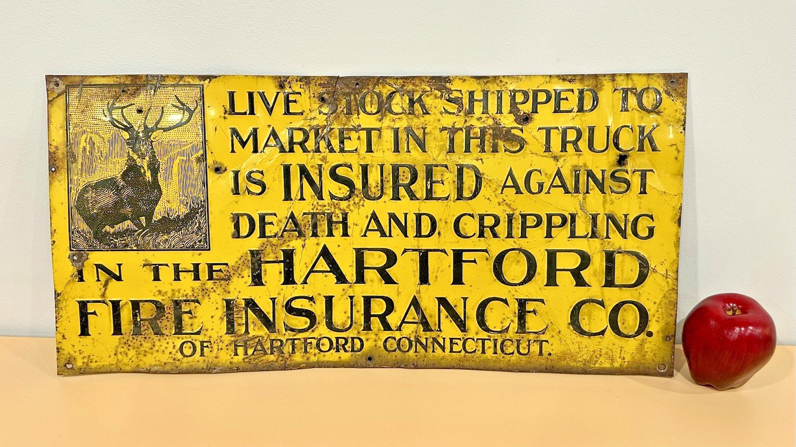 Vintage Hartford Fire Insurance Live Stock Market Metal Sign 23 1/2″ X 11 1/4″