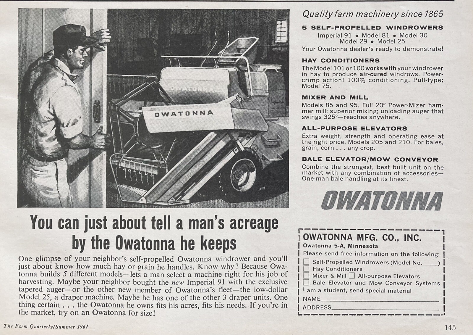 1964 AD(XH37)~OWATONNA MFG. CO. OWATONNA, MINN. SELF-PROPELLED WINDROWER