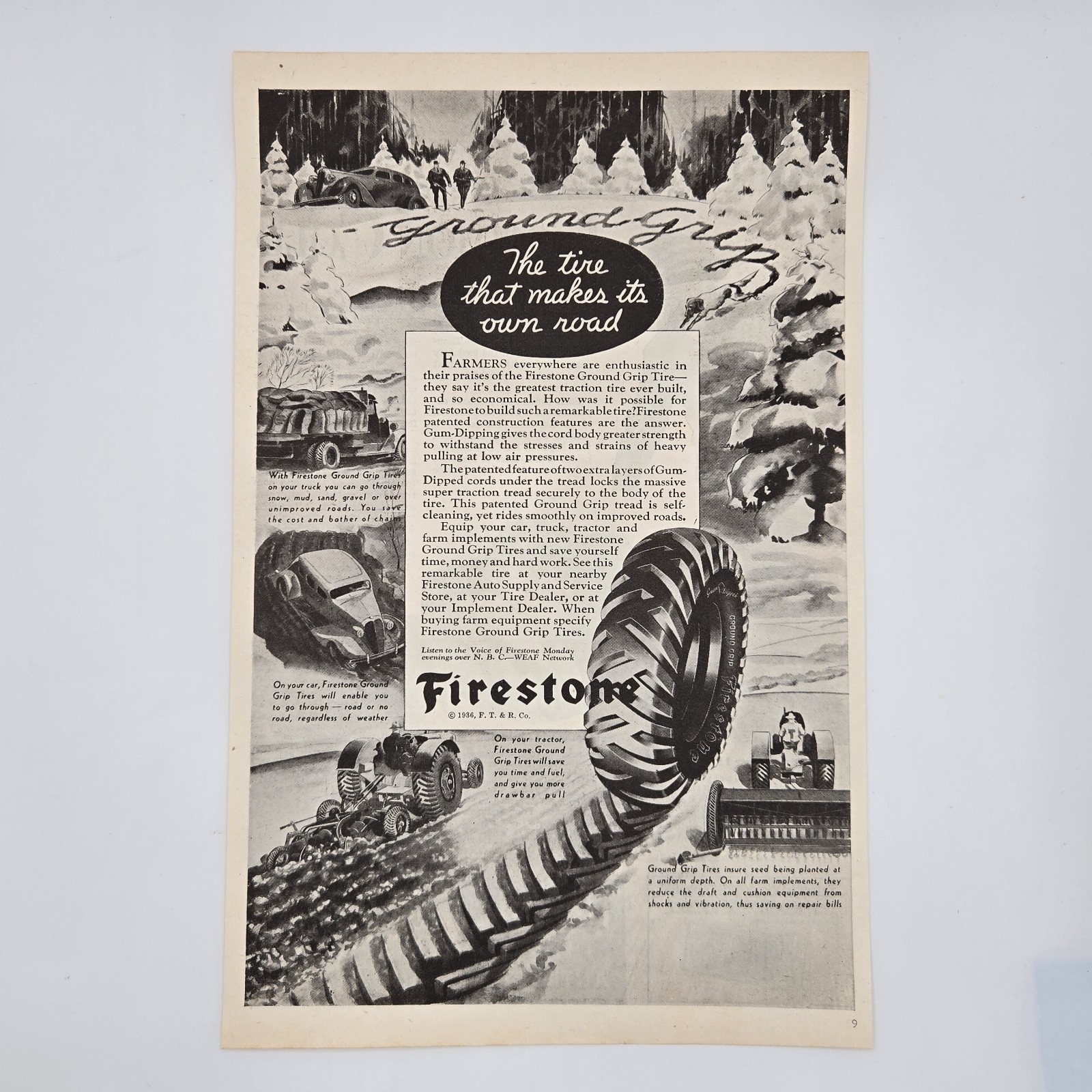 1936 Firestone Ground Grip Tires Hunting Farming Mudding Print Ad 8 x 11.5″