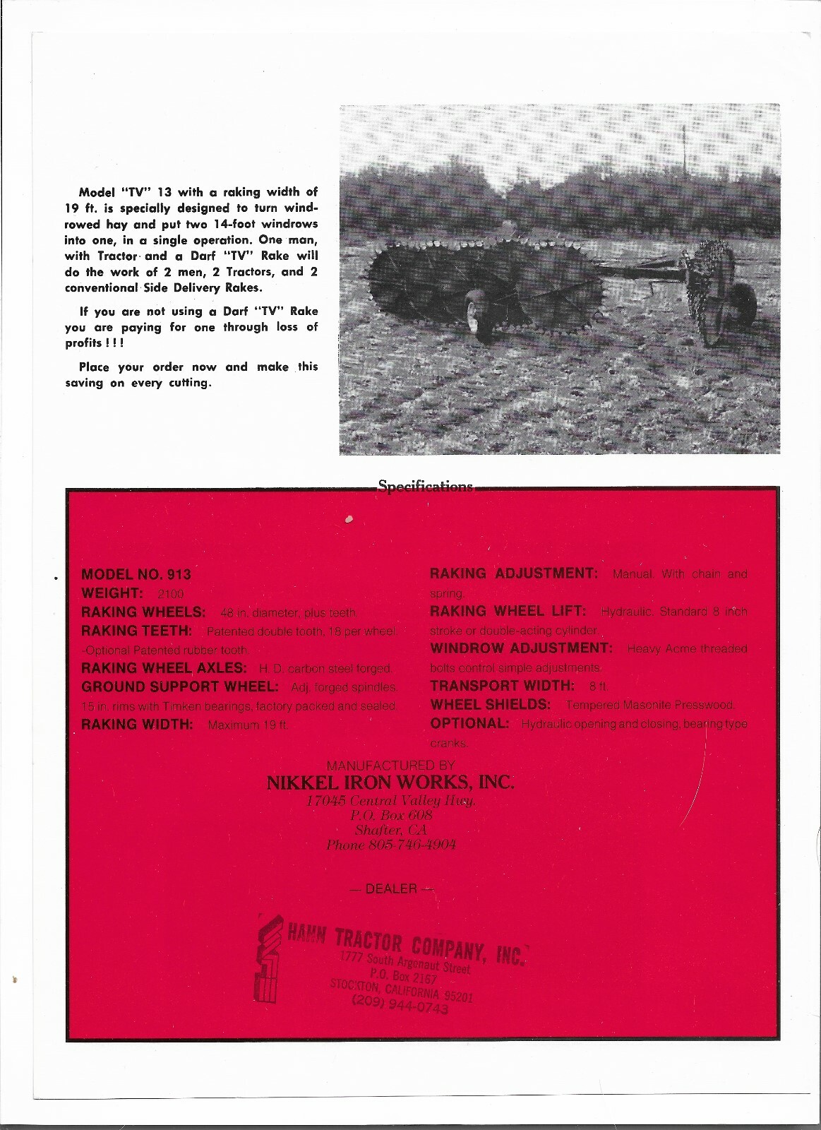 Original OE OEM Darf Model 913 Hay Rake Single Page Sales Brochure Spec Sheet