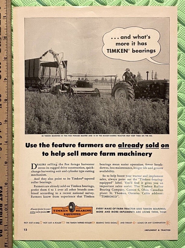 Original 1955 MASSEY-HARRIS 44 Tractors – TIMKEN Bearings Print Ad.