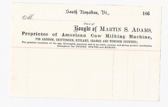 1860’s ADV Invoice Martin Adams American Cow Milking Machine South Royalton VT