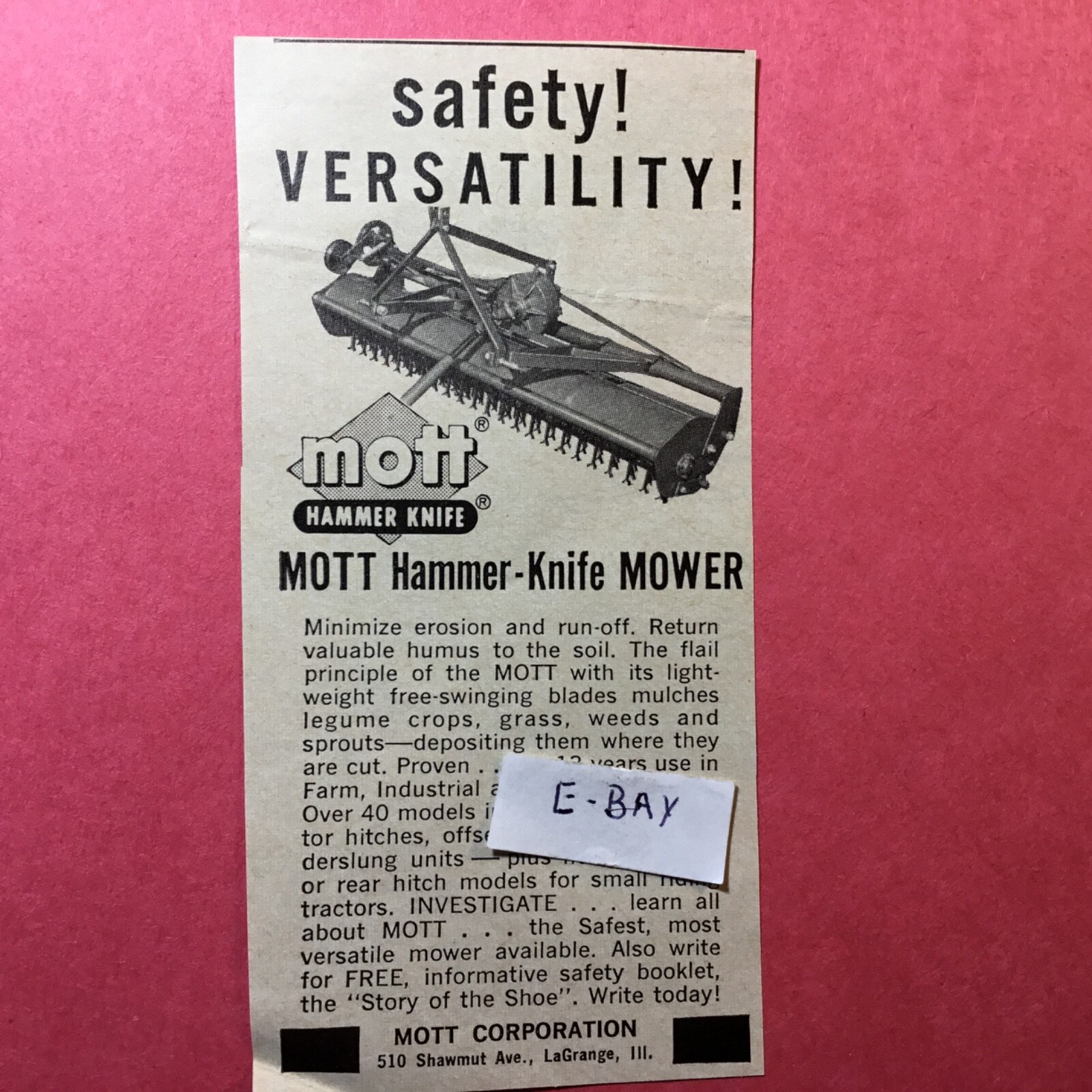 1962 Mott Mower. Mott Hammer-Knife Mower. Vintage 1962 Ad.