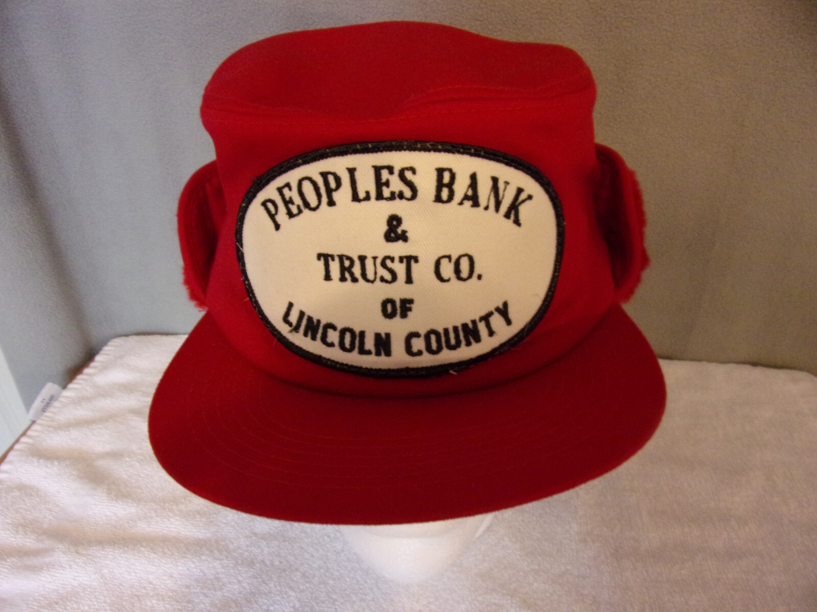VTG ~ “Peoples Bank & Trust” K-Brand Fuzzy Ear Flap Trucker/Farmer Cap Med-Lg