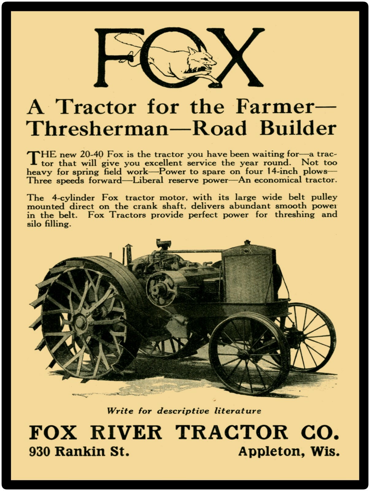 Fox Tractor Company, 1921 Repro Metal Sign: Model 20-40 – Road Builder, Farmer