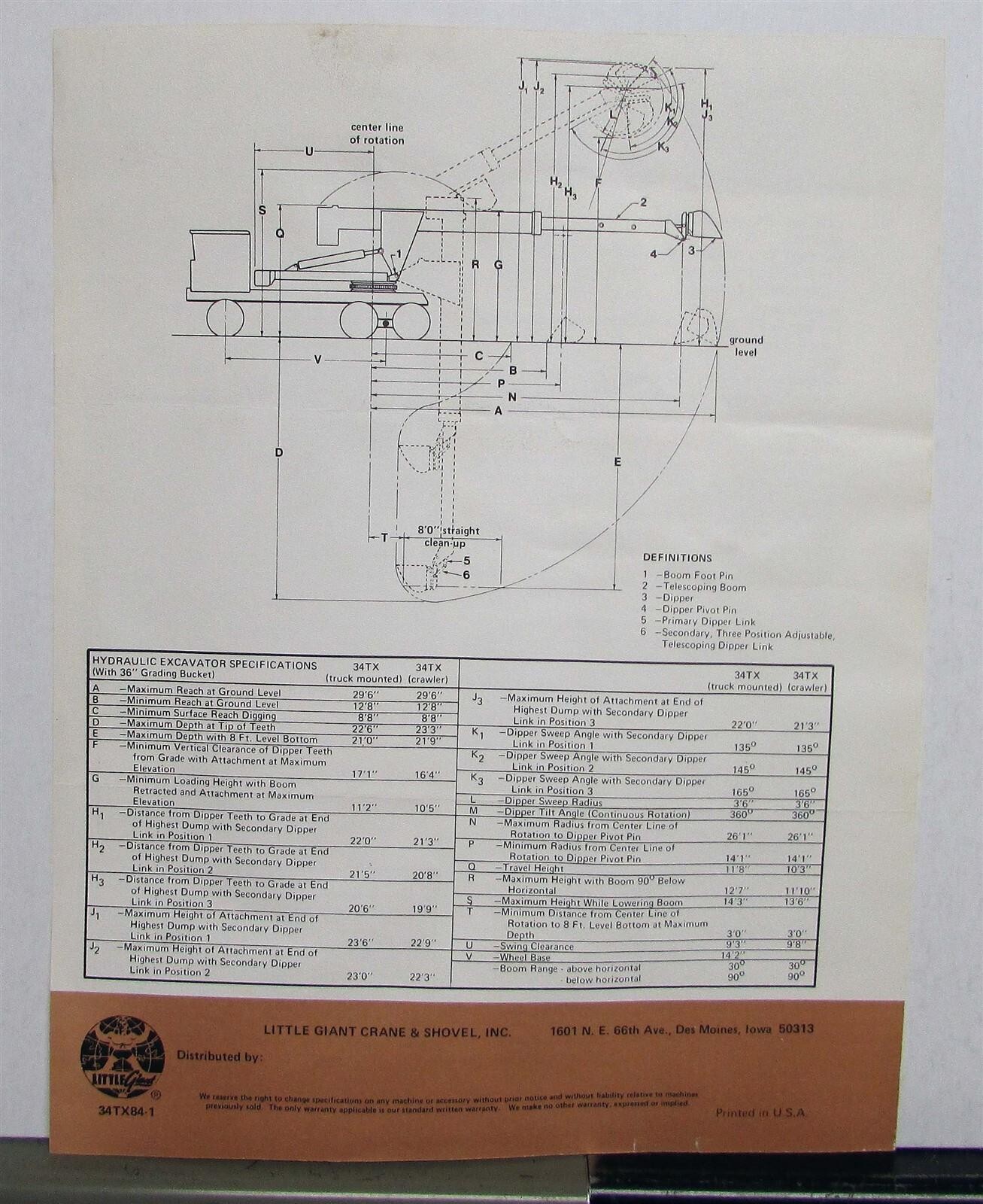 1984 Little Giant 34TX Hydraulic Excavator Specs Construction Sales Brochure