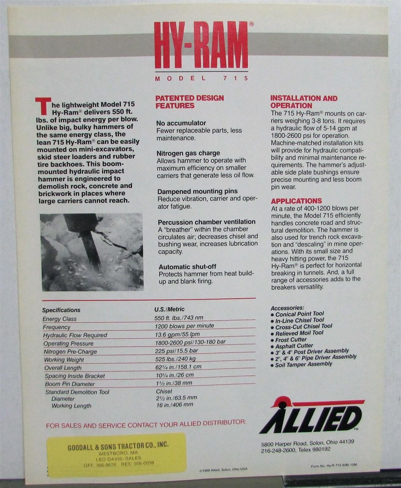 1988 Allied HY-RAM Boom Mounted Hydraulic Impact Hammer 715 Sales Data Sheet