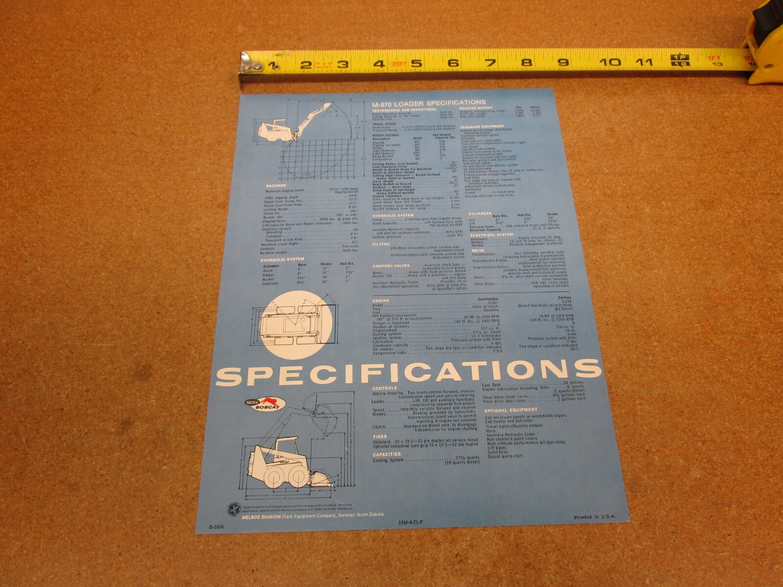 1960’s Melroe BOBCAT Backhoe M-970 skid steer loader sales brochure 4pg ORIGINAL
