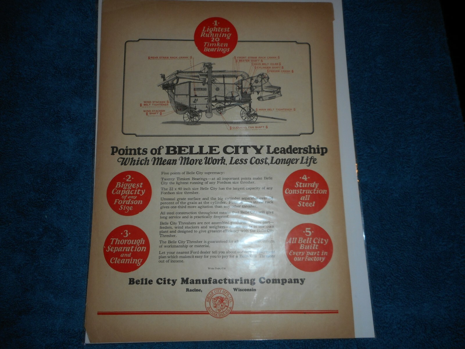 1926 Belle City Thresher Advertisement: “Five Points of Belle City Supremacy.”