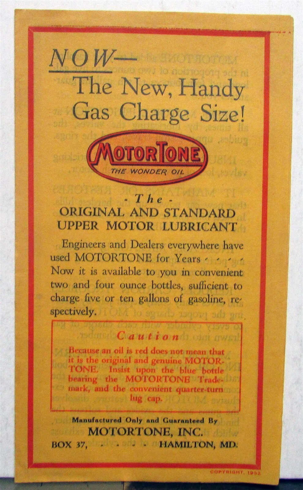 1932 MotorTone Original Standard Upper Motor Lubricant Sales Brochure