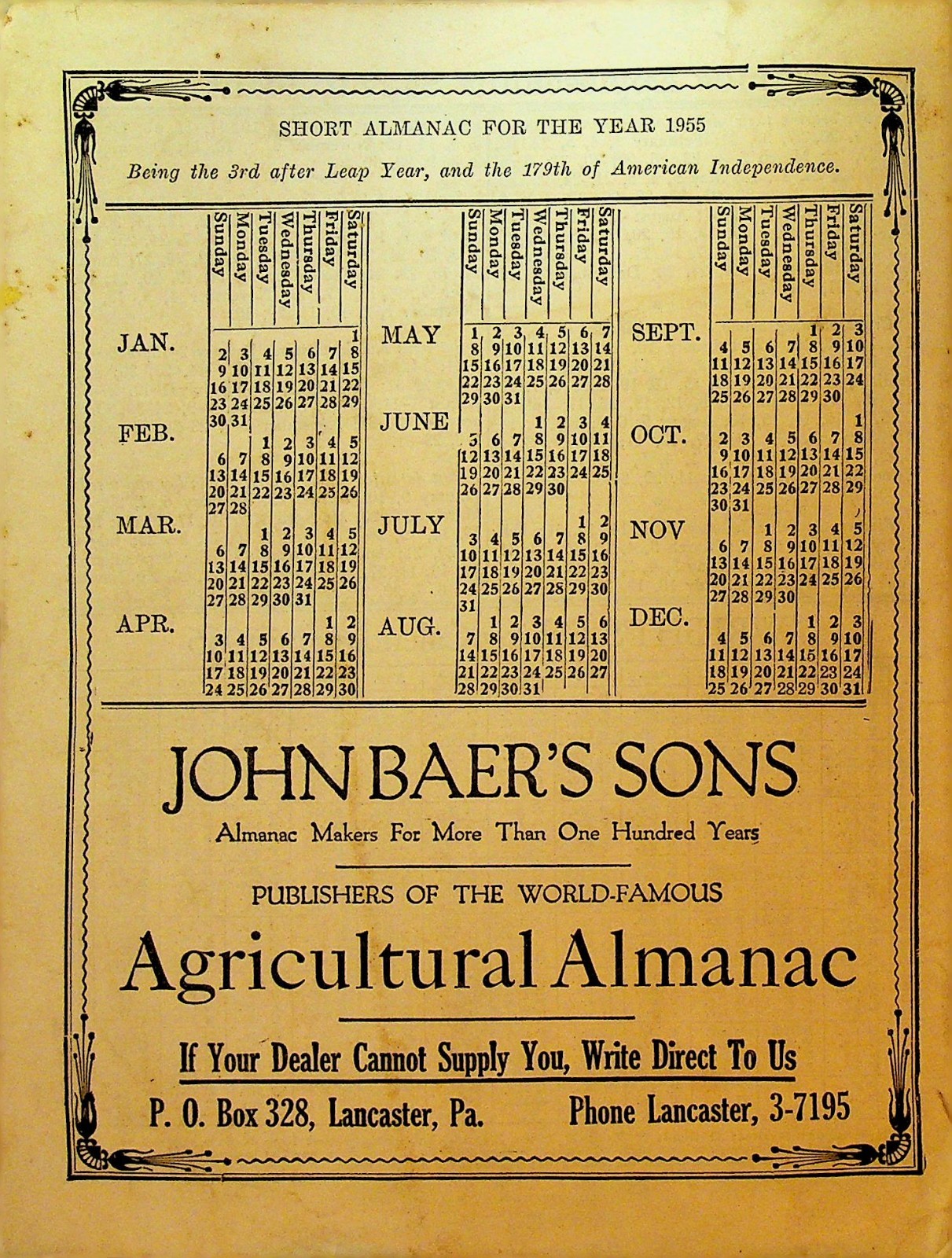 Agricultural Almanac 1955 John Baer’s Sons Lancaster Pa