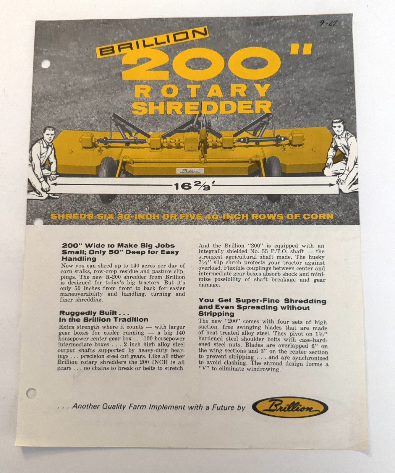Vintage 1967 Brillion 200″ Rotary Shredder Farm Tool 2-page Sales Brochure