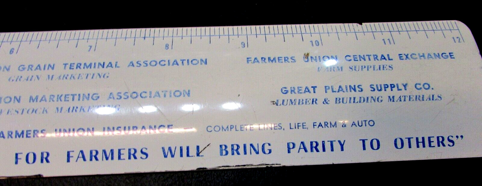 Vintage 1950’s Minnesota Farmers Union Brand Names White Blue Metal 12″ Ruler