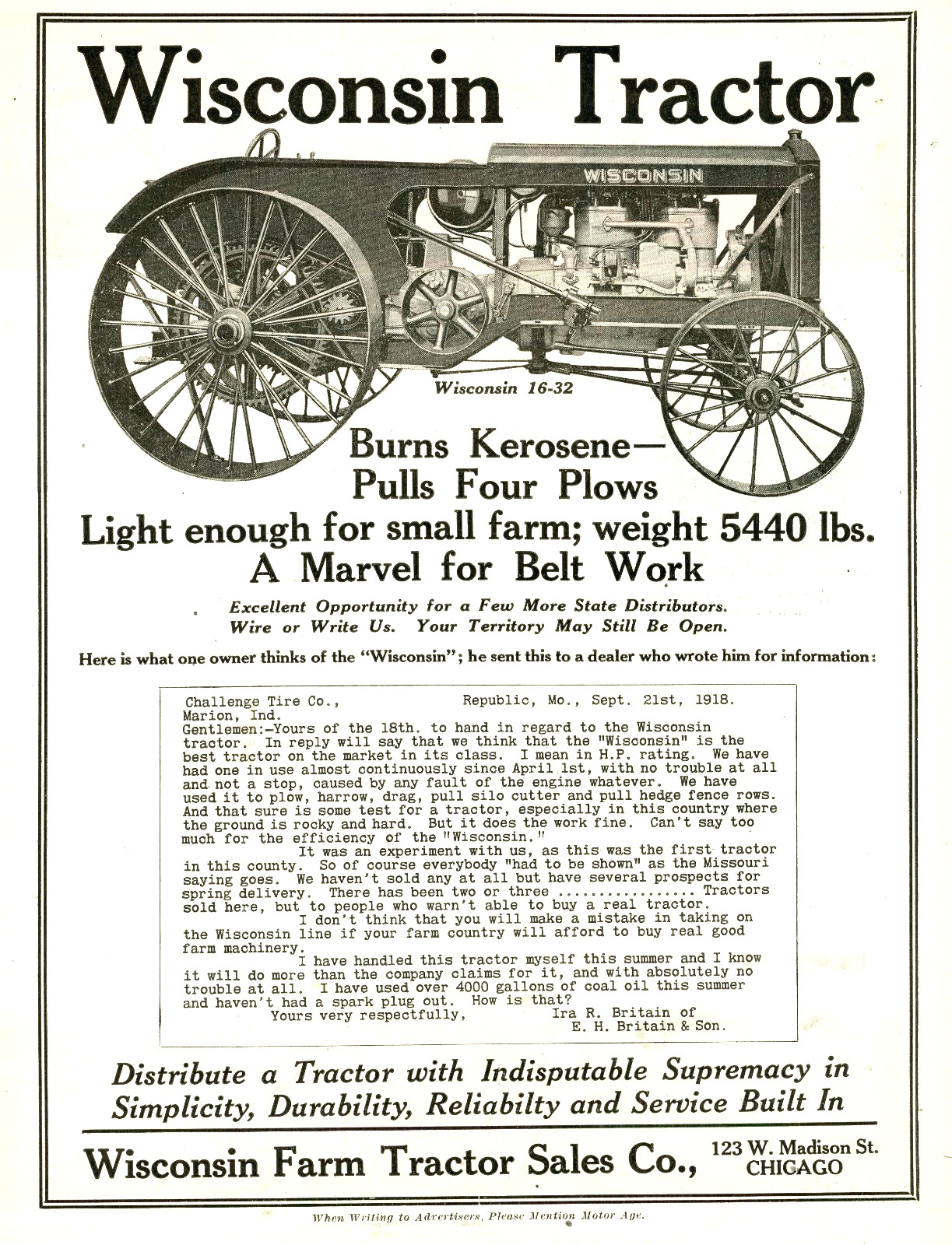 1918 Original Wisconsin 16-32 Tractor Ad. Burns Kerosene. Pulls 4 Plows. Chicago