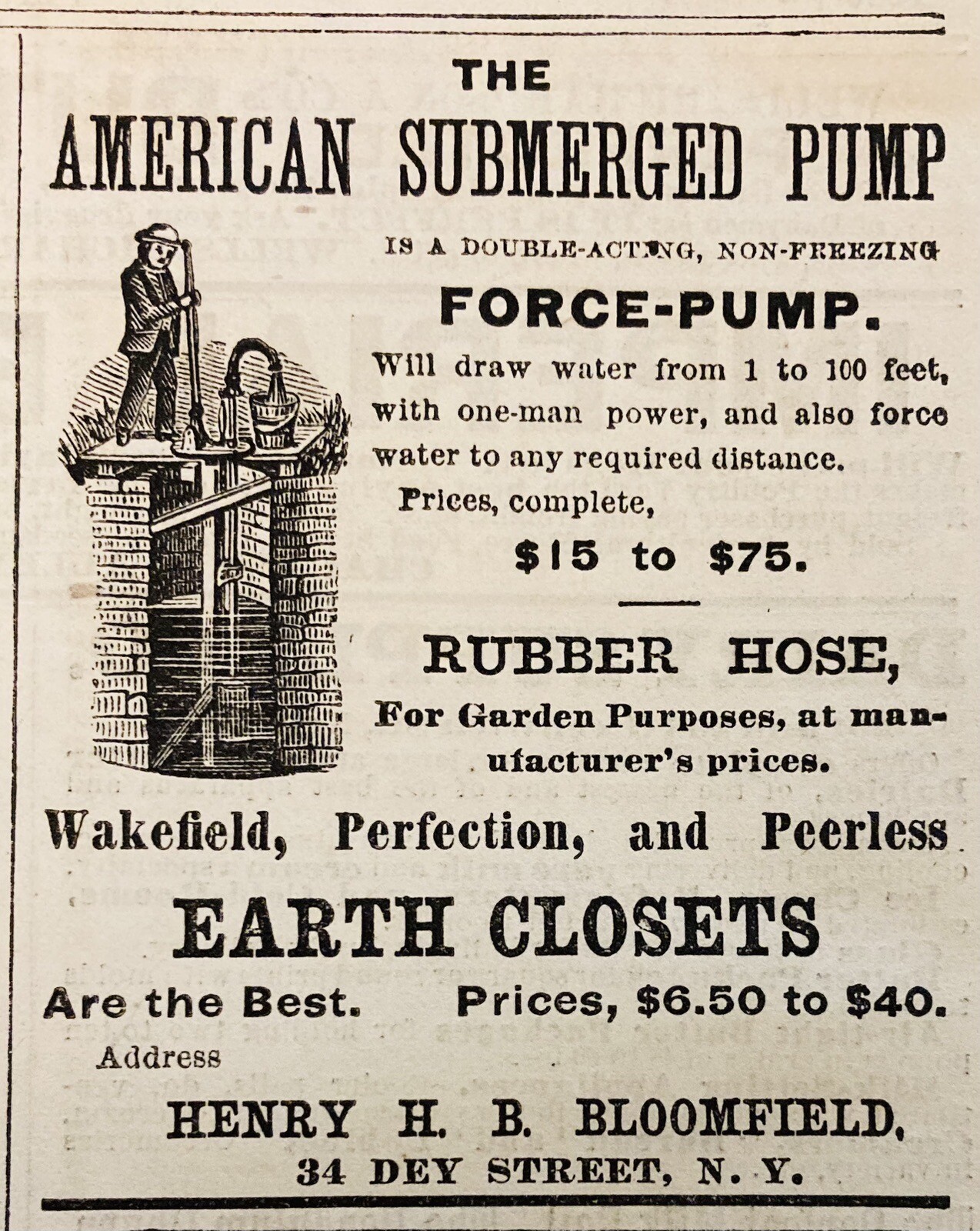 1880 AD.(XH72)~HENRY H.B. BLOOMFIELD CO. NYC. AMERICAN SUBMERGED CLOST PUMP