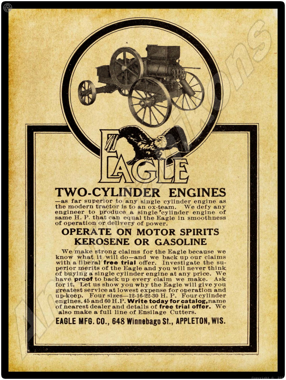 1914 Eagle Two Cylinder Gas Engines New Metal Sign: Large Size – 12 x 16