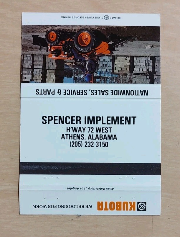 Kubota Diesel Tractor Matchbook Cover Spencer Implement Athens Alabama AL Photo