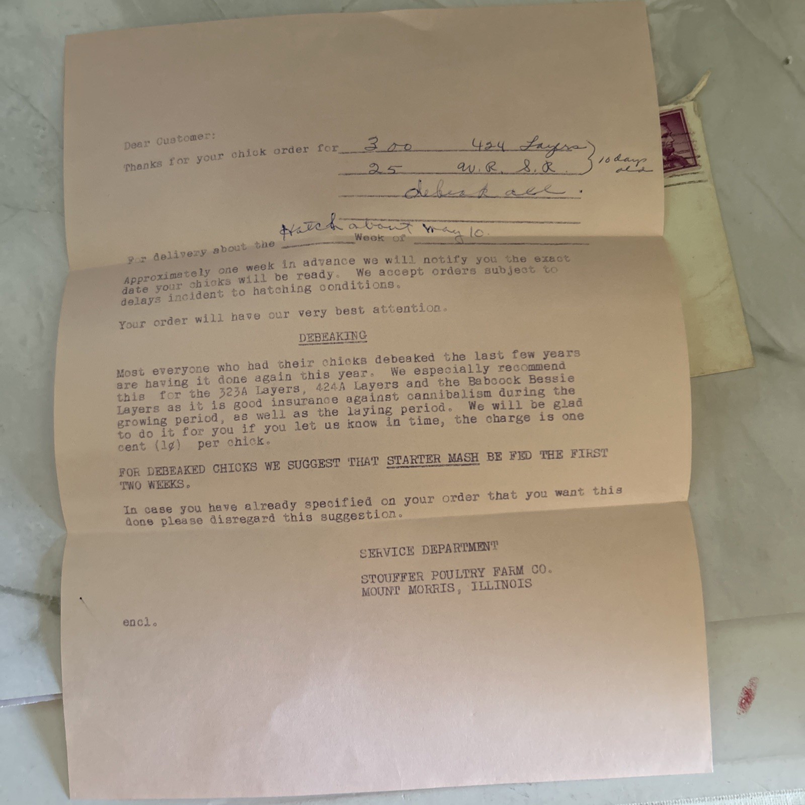 1963 Stouffer Poultry Farm Mount Morris Illinois Order Form Baby Chicks F