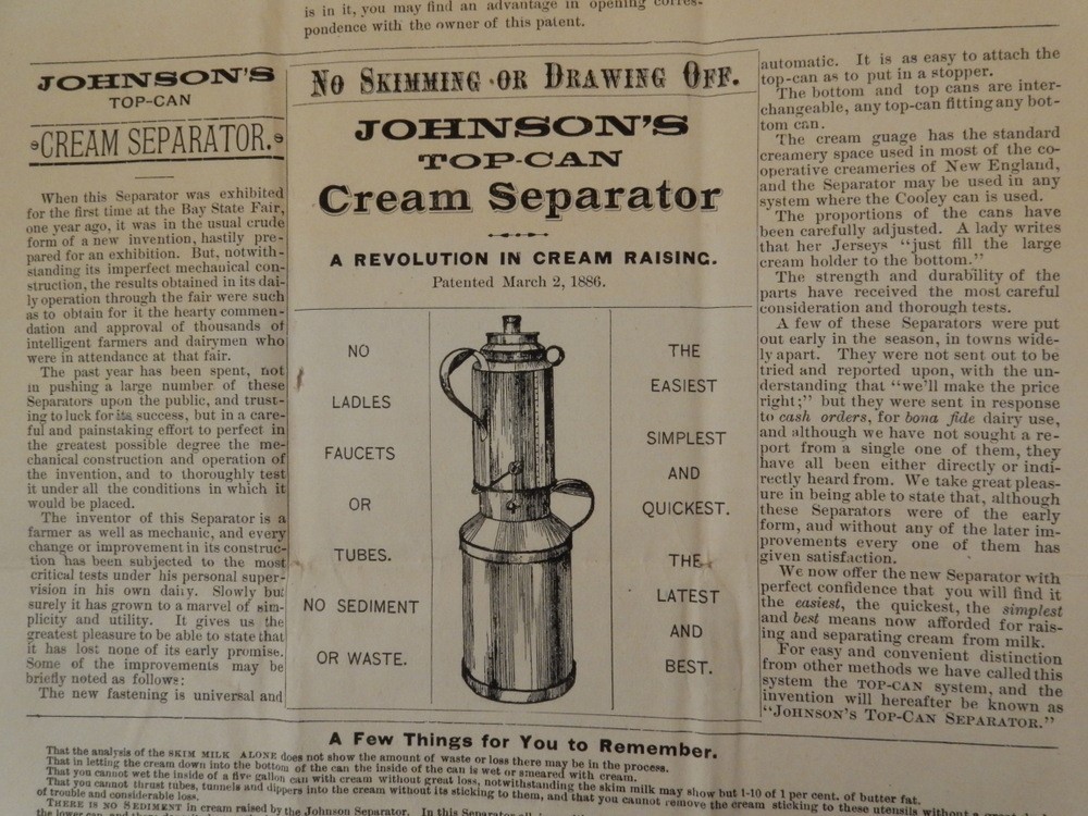 1887 JOHNSON’s Top-Can DAIRY CREAMERY Cream Separator broadside WESTBORO MA milk