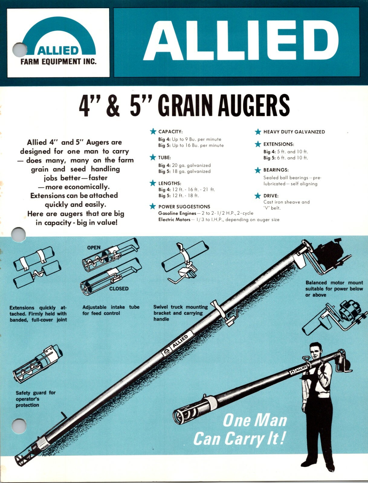 Vintage Allied 4″ 5″ Grain Augers Chicago IL Sales & Dealer Advertising Brochure