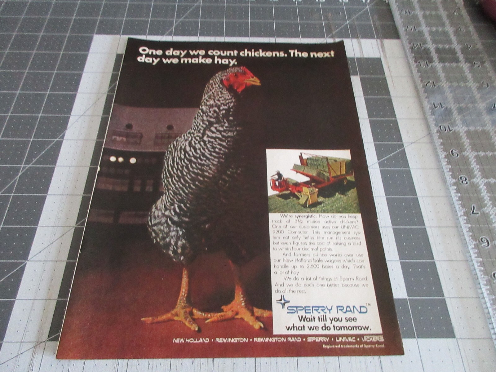 1970 Sperry Rand “One Day We Count Chickens. The Next Day We Make Hay” Print Ad