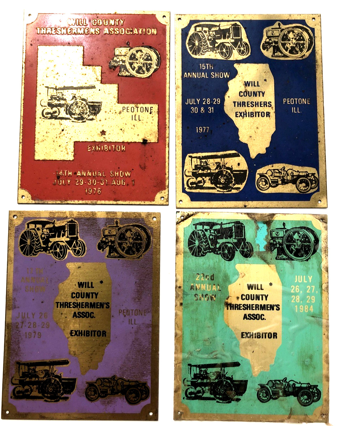 VTG 1976-1984 Will County Threshermen’s Asso. Exhibitor Brass Plaque-Lot of 4