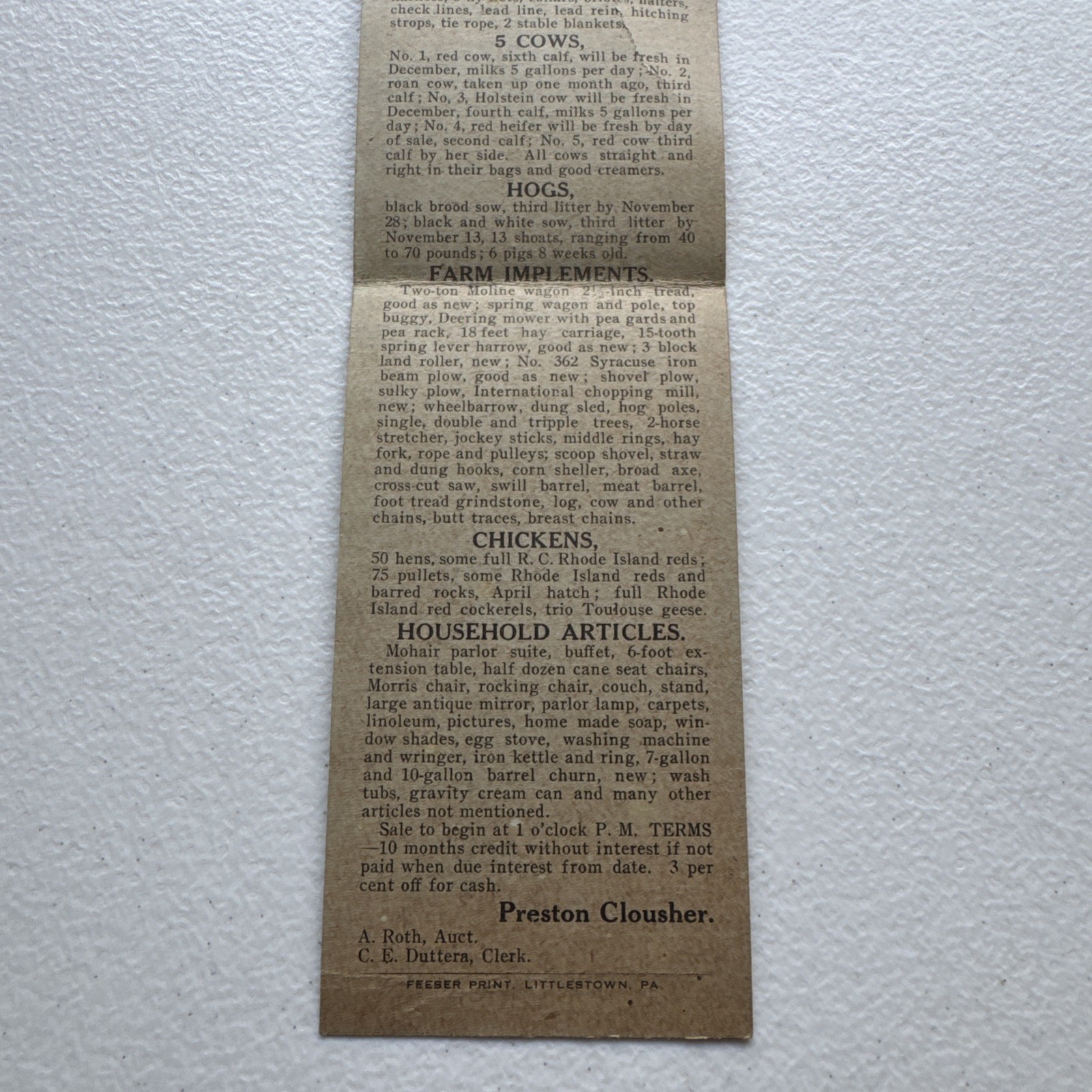 Public Livestock Sale 1923 Advertisement Add Feeser Print, Littlestown, PA