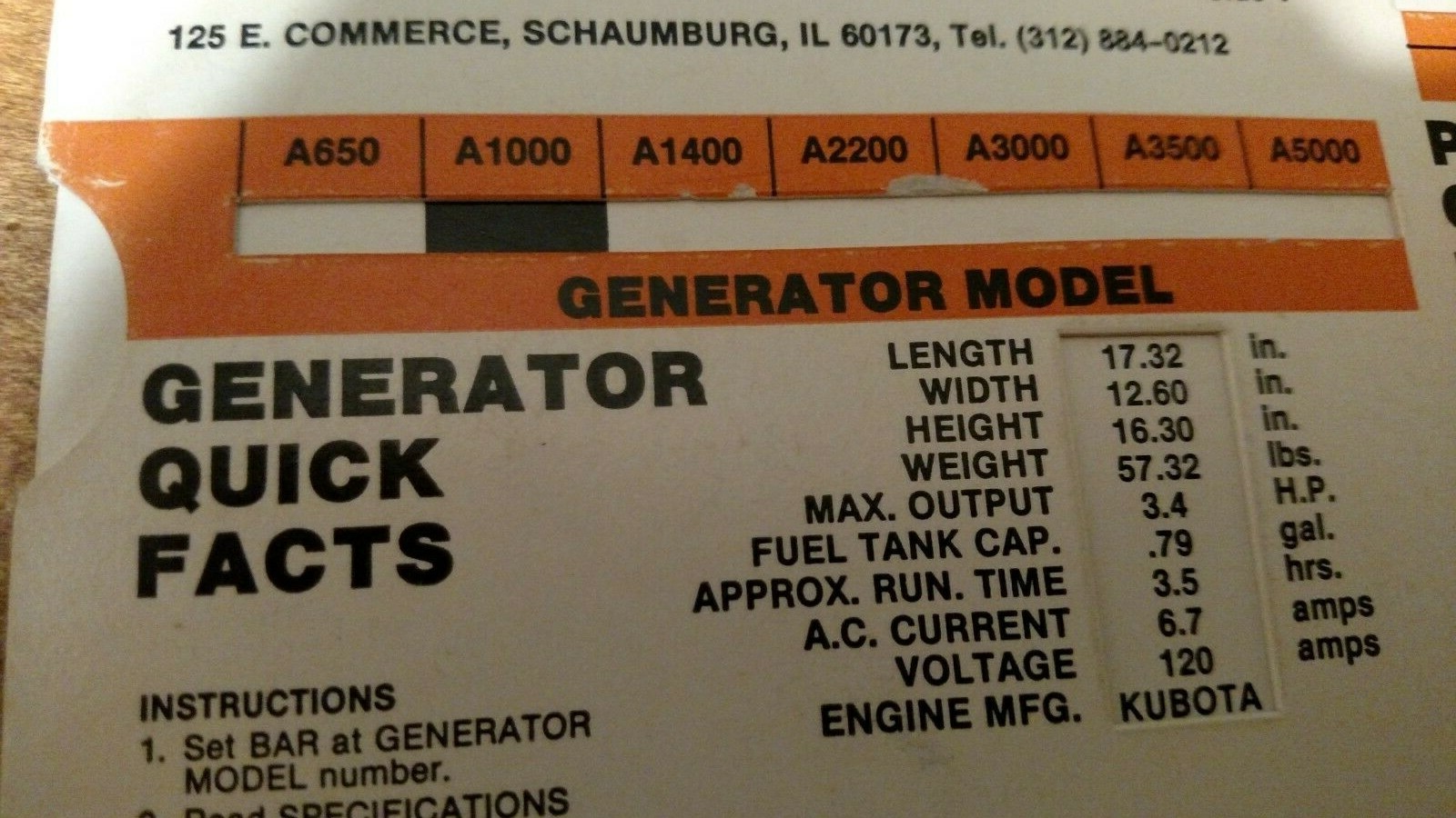 KUBOTA GENERATOR & PUMPS QUICK FACT SLIDE CHART FROM 1986 ****DEALER USE****