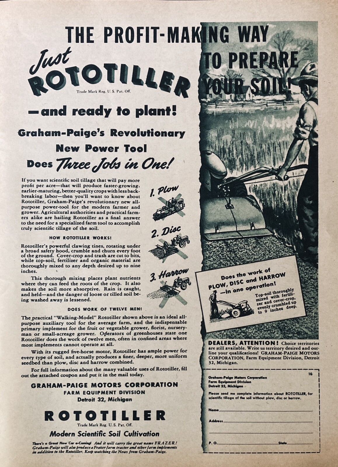 1945 AD.(XF10)~GRAHAM-PAIGE MOTOR CO. WILLOW RUN, MI. ROTOTILLER GARDEN TRACTOR
