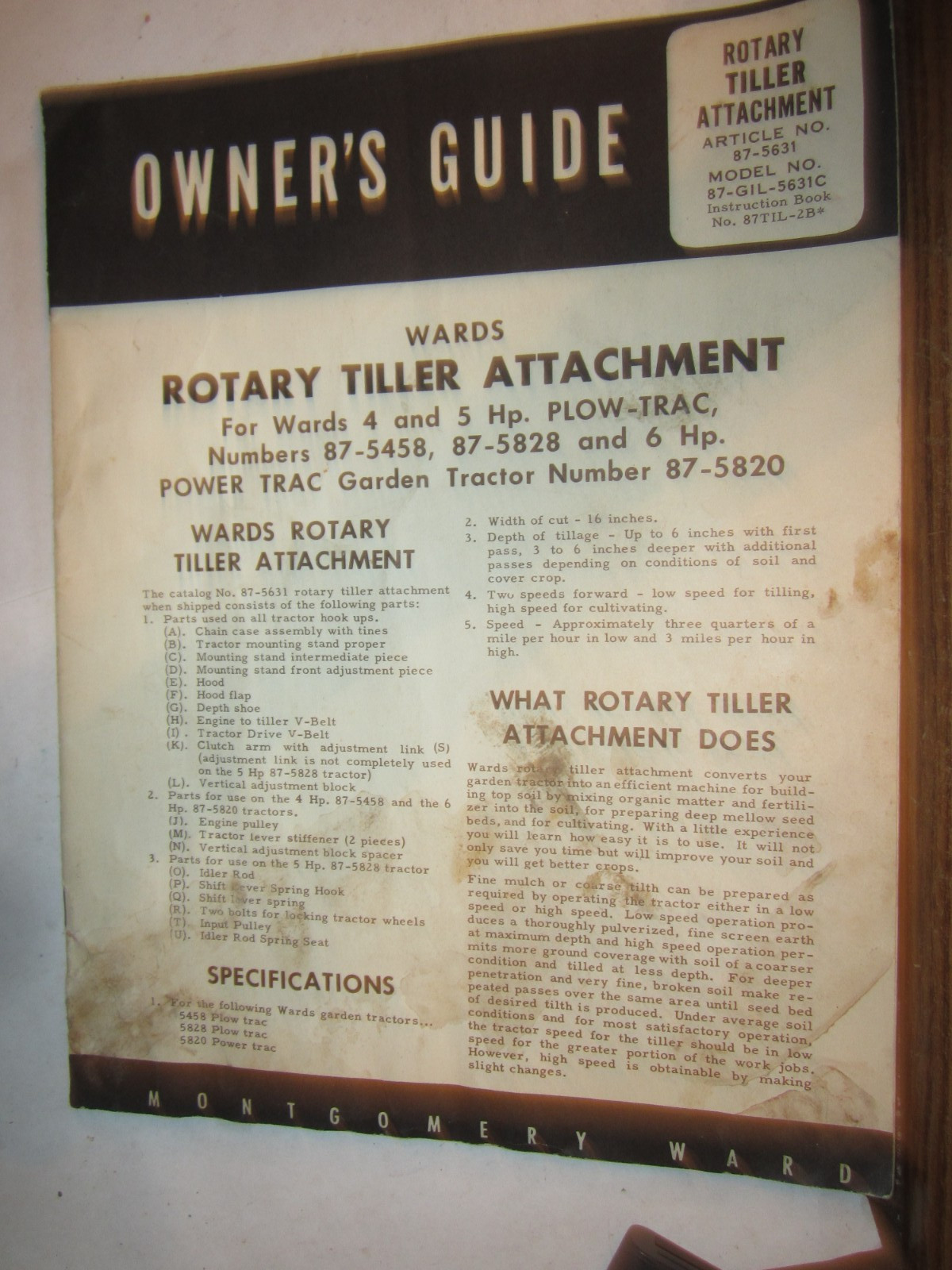 Vintage Wards ROTARY TILLER ATTACHMENTS Montgomery Ward Tractor Owner’s Guide