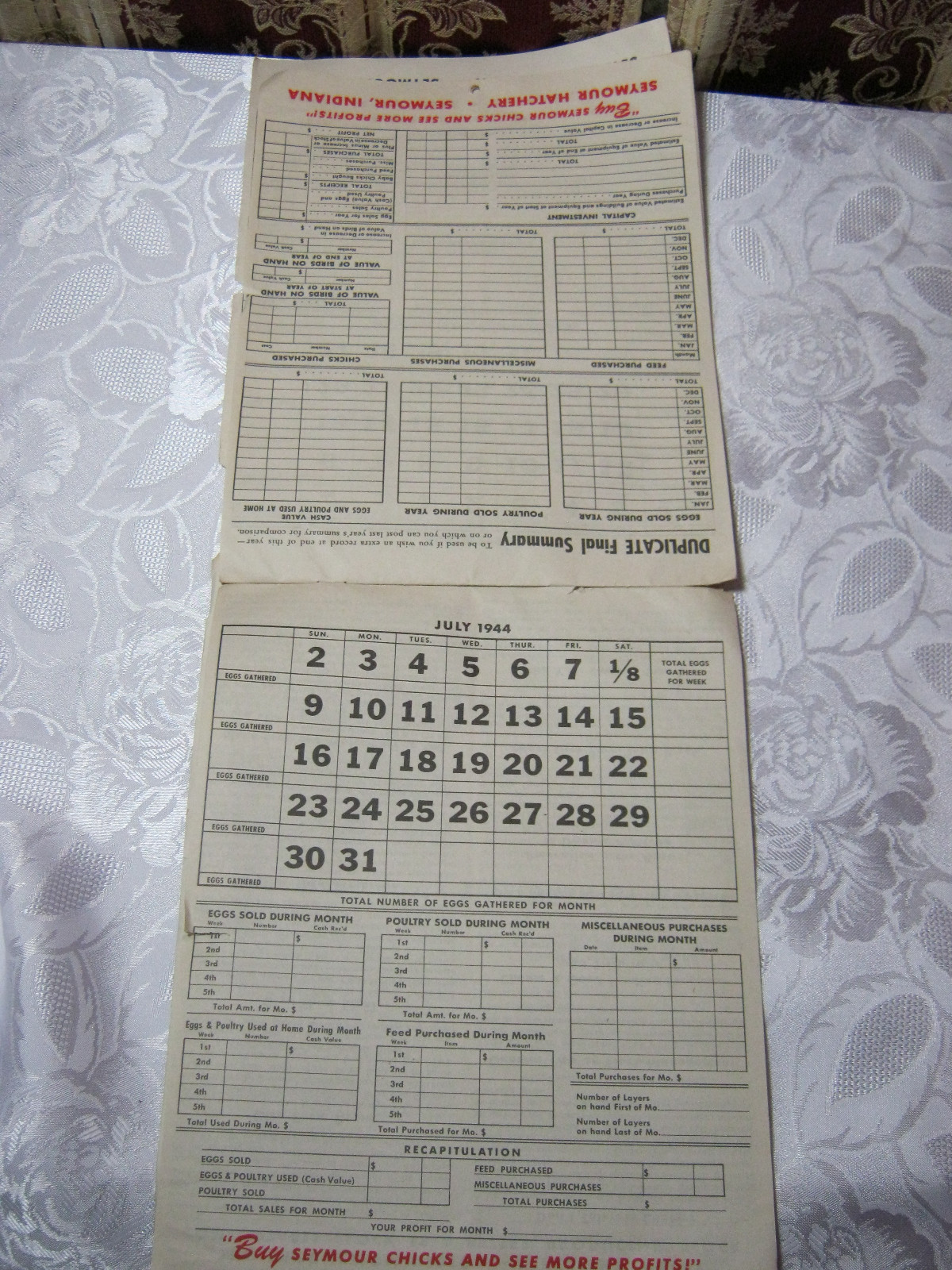 SEYMOUR CHICKS 1944 PROFIT RECORD 1940’S VIntage Farming Adv Brochure Calendar