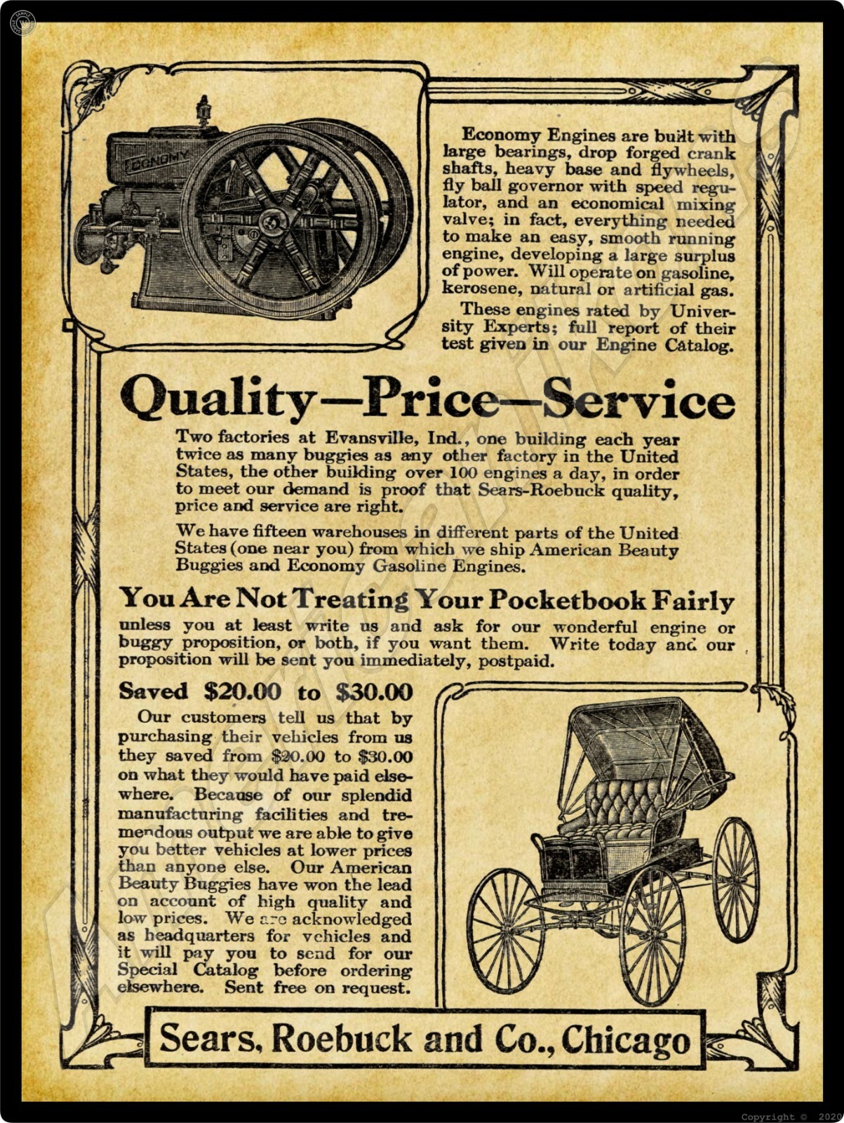 Sears Economy Gas Engines NEW Metal Sign – 24″ x 30″ USA STEEL XL Size – 7 lbs