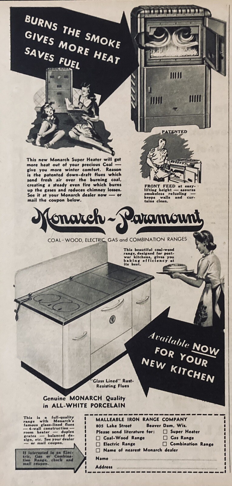 1945 AD.(XH13)~MALLEABLE IRON RANGE CO. BEAVER DAM, WIS. MONARCH-PARAMOUNT STOVE