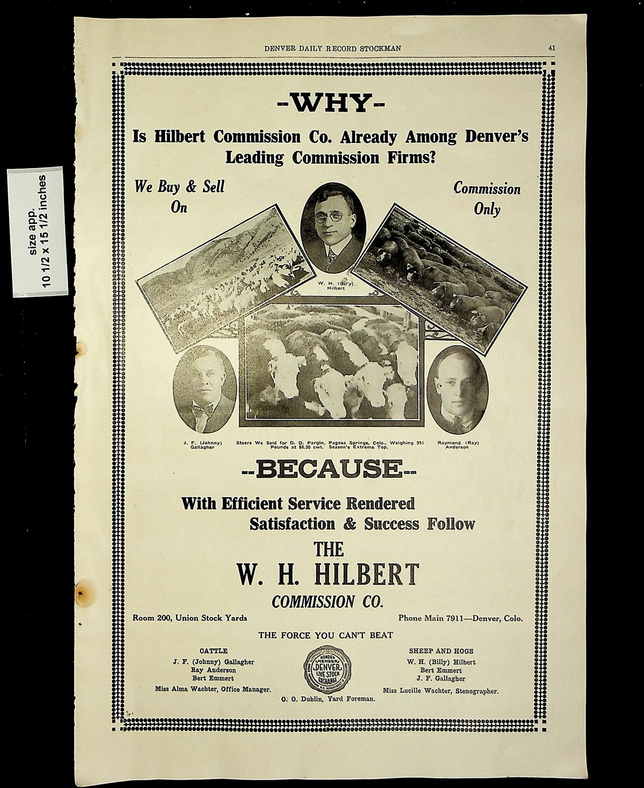 1927 WH Hilbert Commision WHY Cattle Firm Denver CO Vintage Print Ad 17417