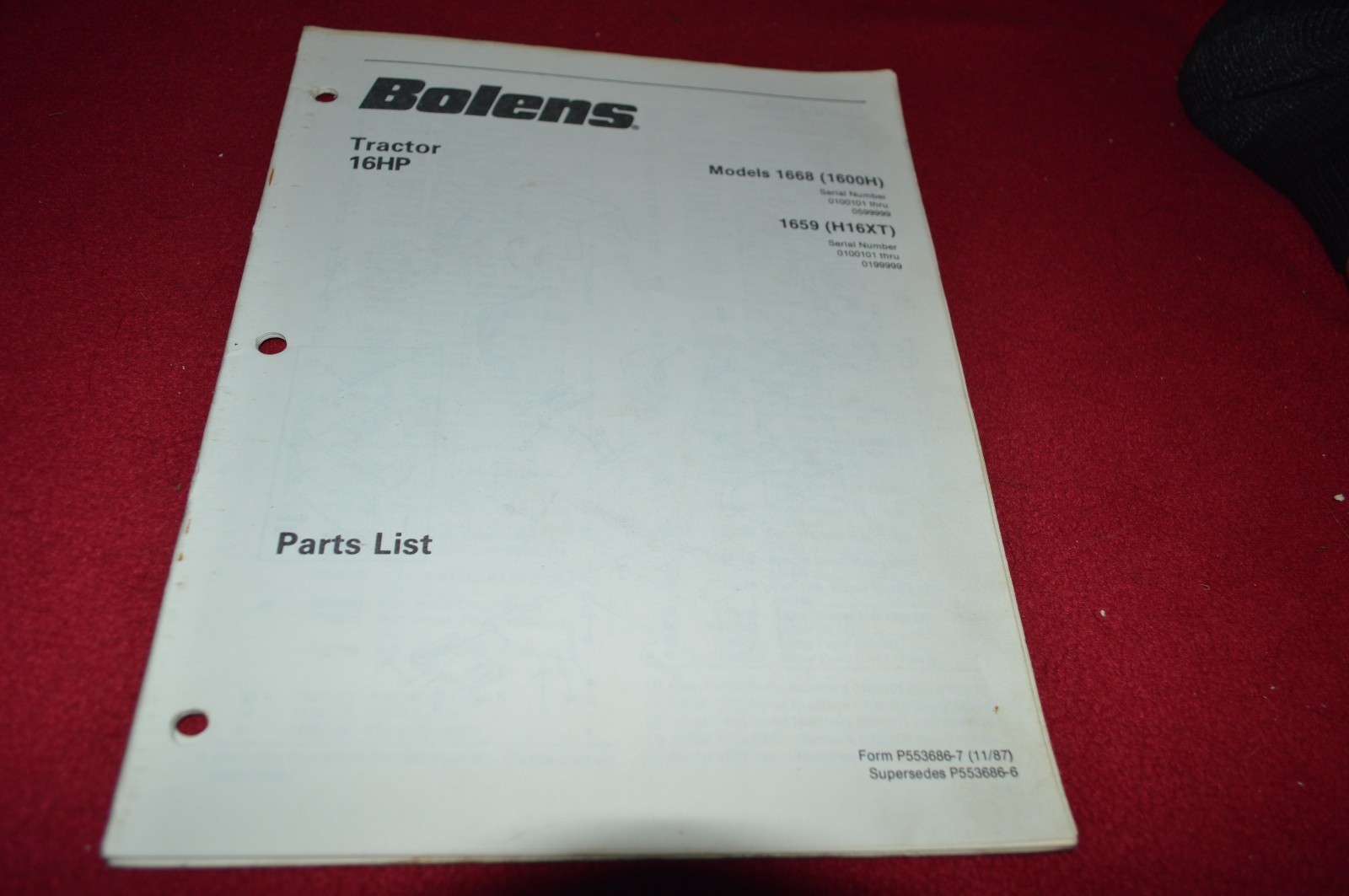 Bolens 1659 1668 1600H H16XT Tractor Dealer’s Parts Book Manual CHPA