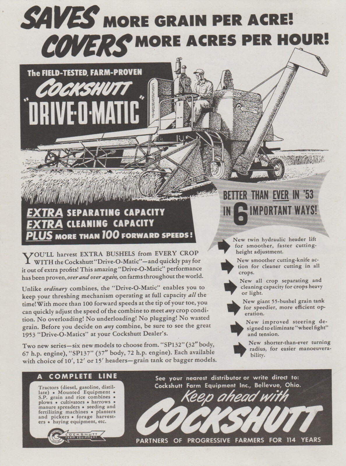 1953 Cockshutt Drive-O-Matic Harvester – Grain Farmer Works Crop – Print Ad Art