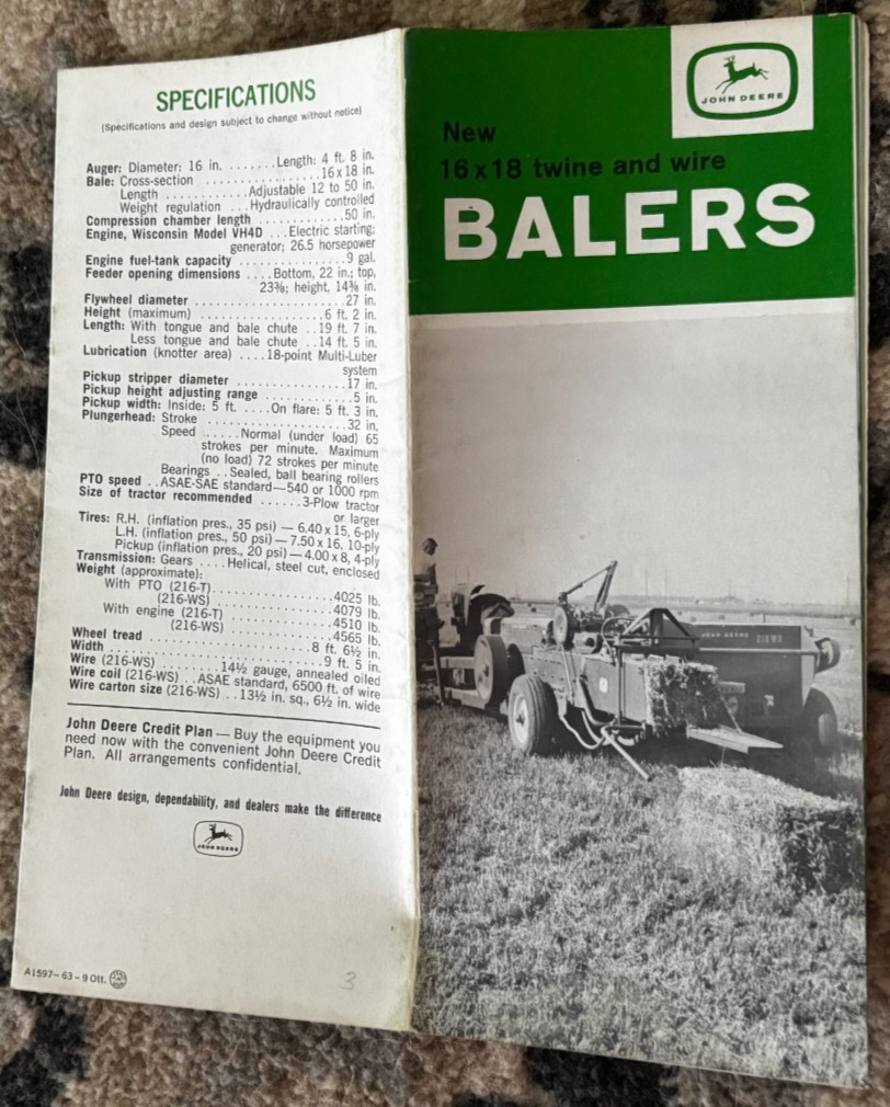 John Deere 216 Baler For 1963 Brochure DCPA26