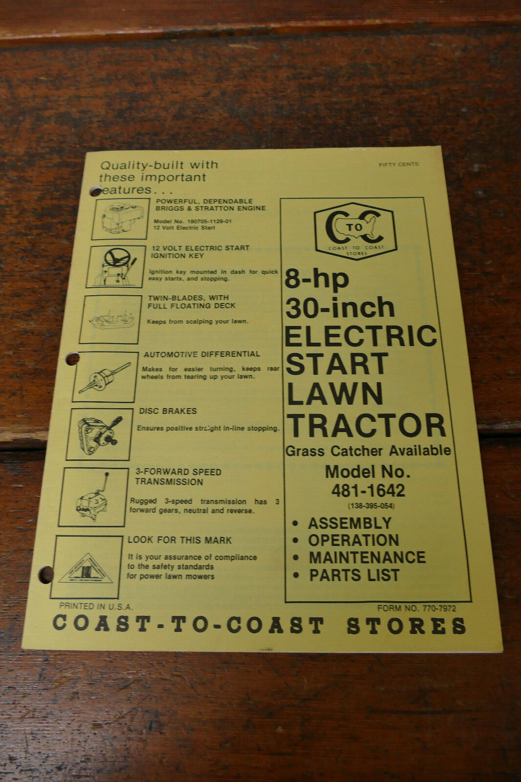 1980s Coast to Coast Owner’s Manual 8HP 30” Electric Start Lawn Tractor 481-1642