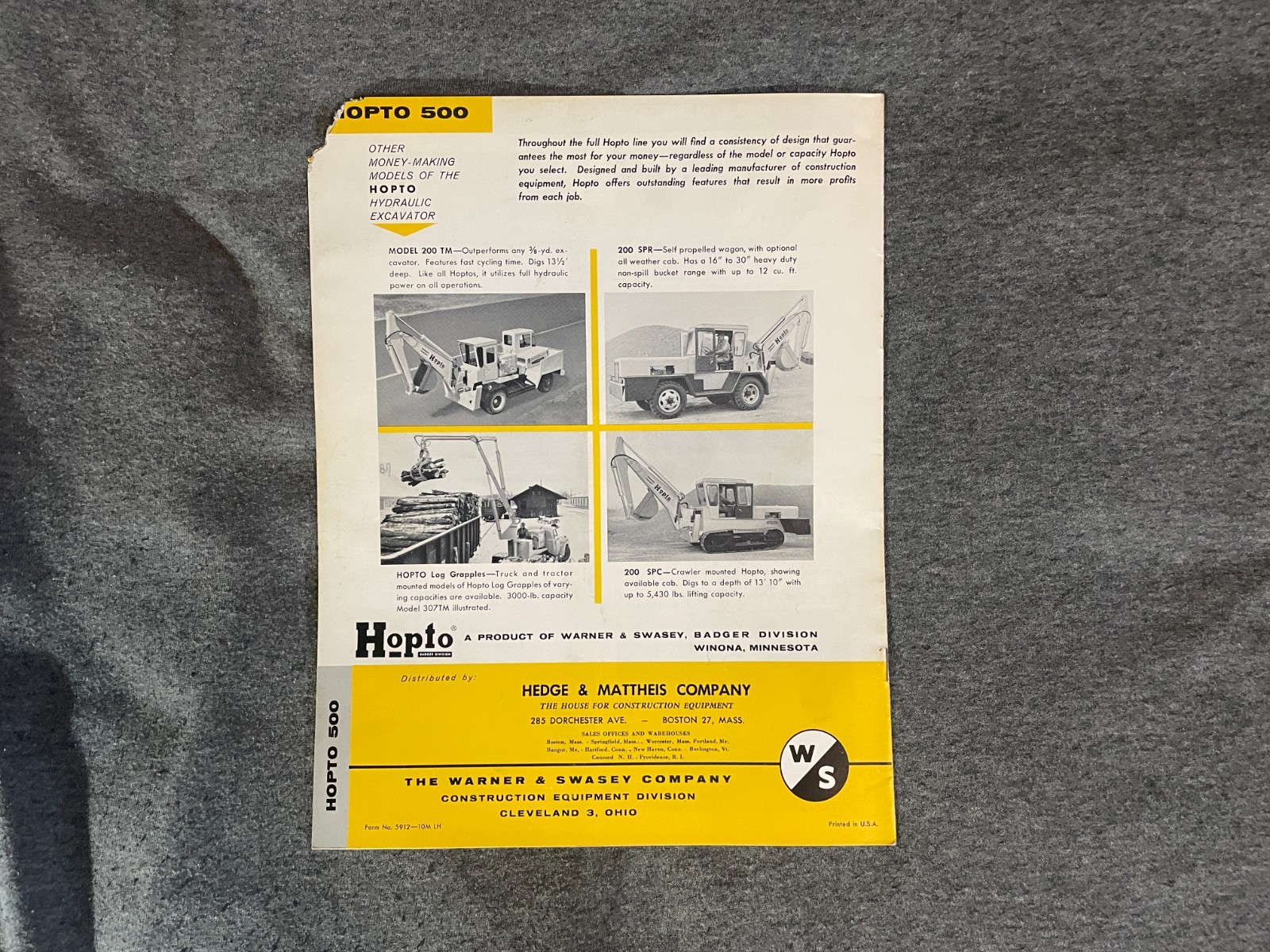1950’s Warner & Swasey Hopto 500 Excavators Brochure Spec Sheet Tractors