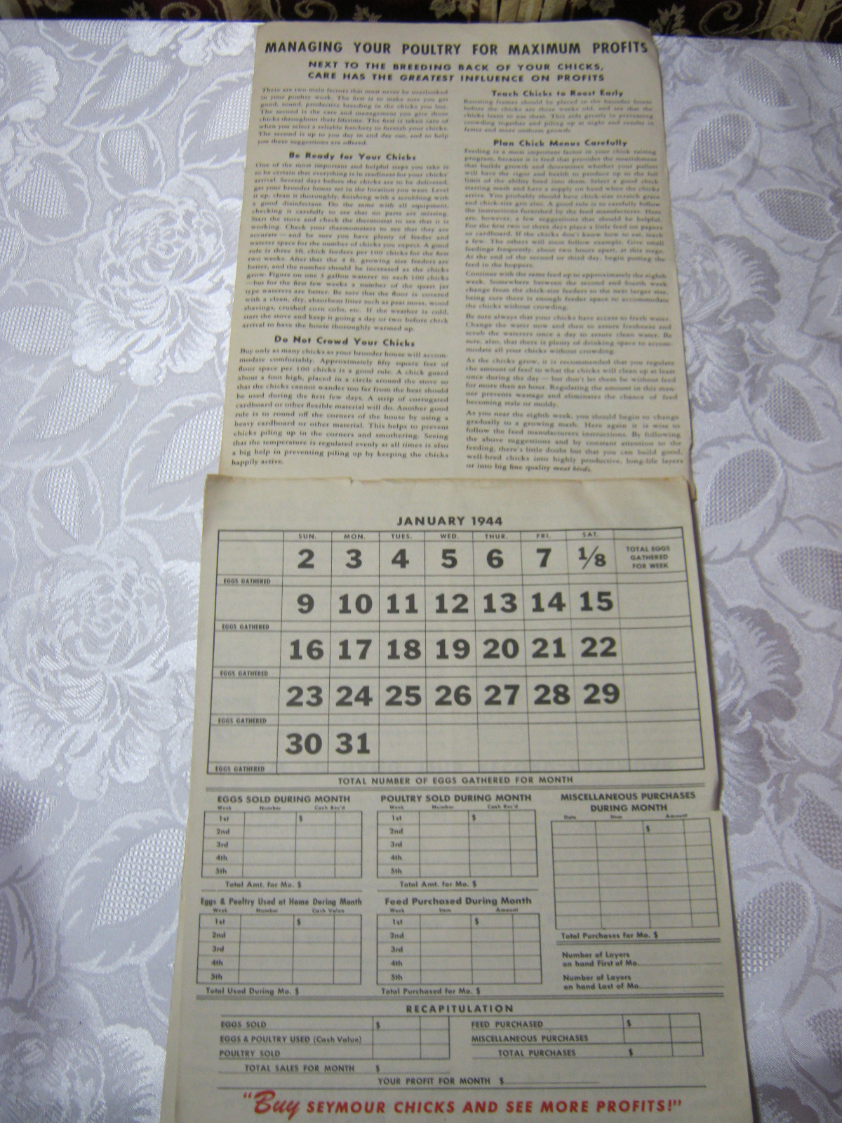 SEYMOUR CHICKS 1944 PROFIT RECORD 1940’S VIntage Farming Adv Brochure Calendar