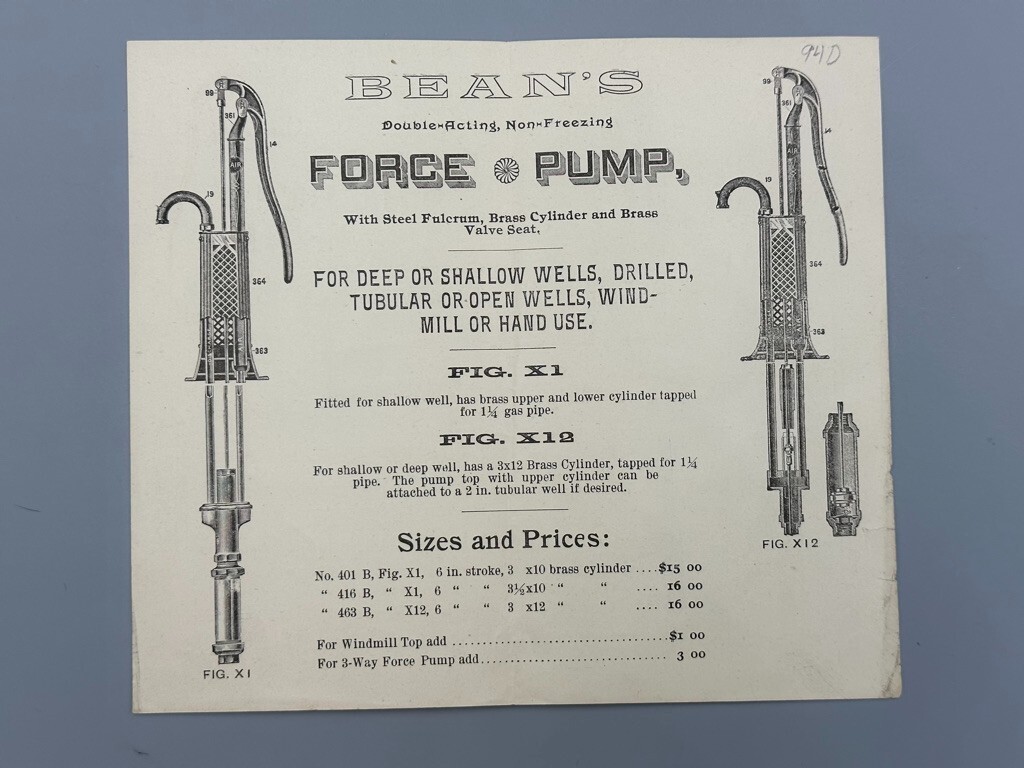 c 1880 BEAN’s Water Force PUMP Holton Mfg Antique FARM Advertising INDIANAPOLIS