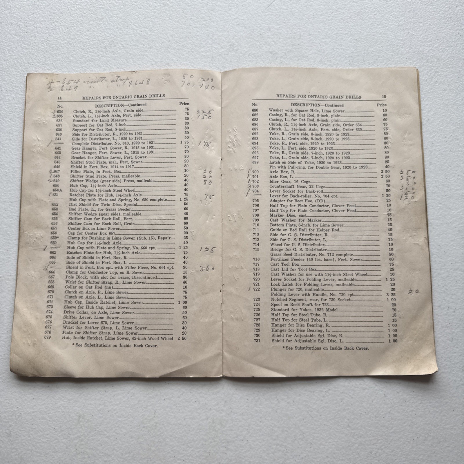 Ontario Drill Co. No. 39 Grain Drills Price List Of Repairs East Rochester, NY
