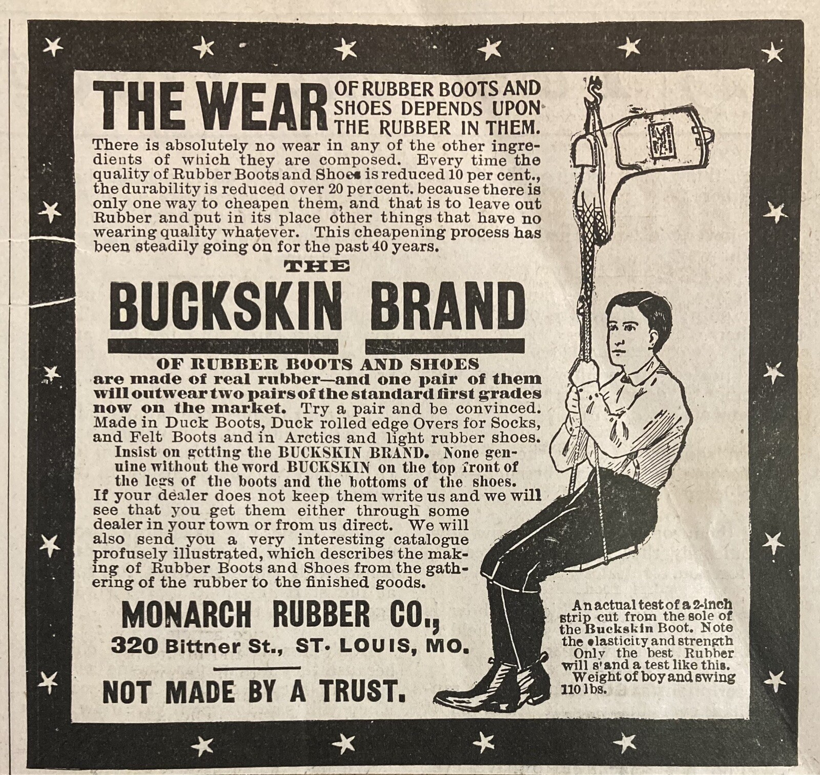 1903 AD.(XH63)~MONARCH RUBBER CO. BITTNER ST. ST. LOUIS. BUCKSKIN BRAND BOOTS