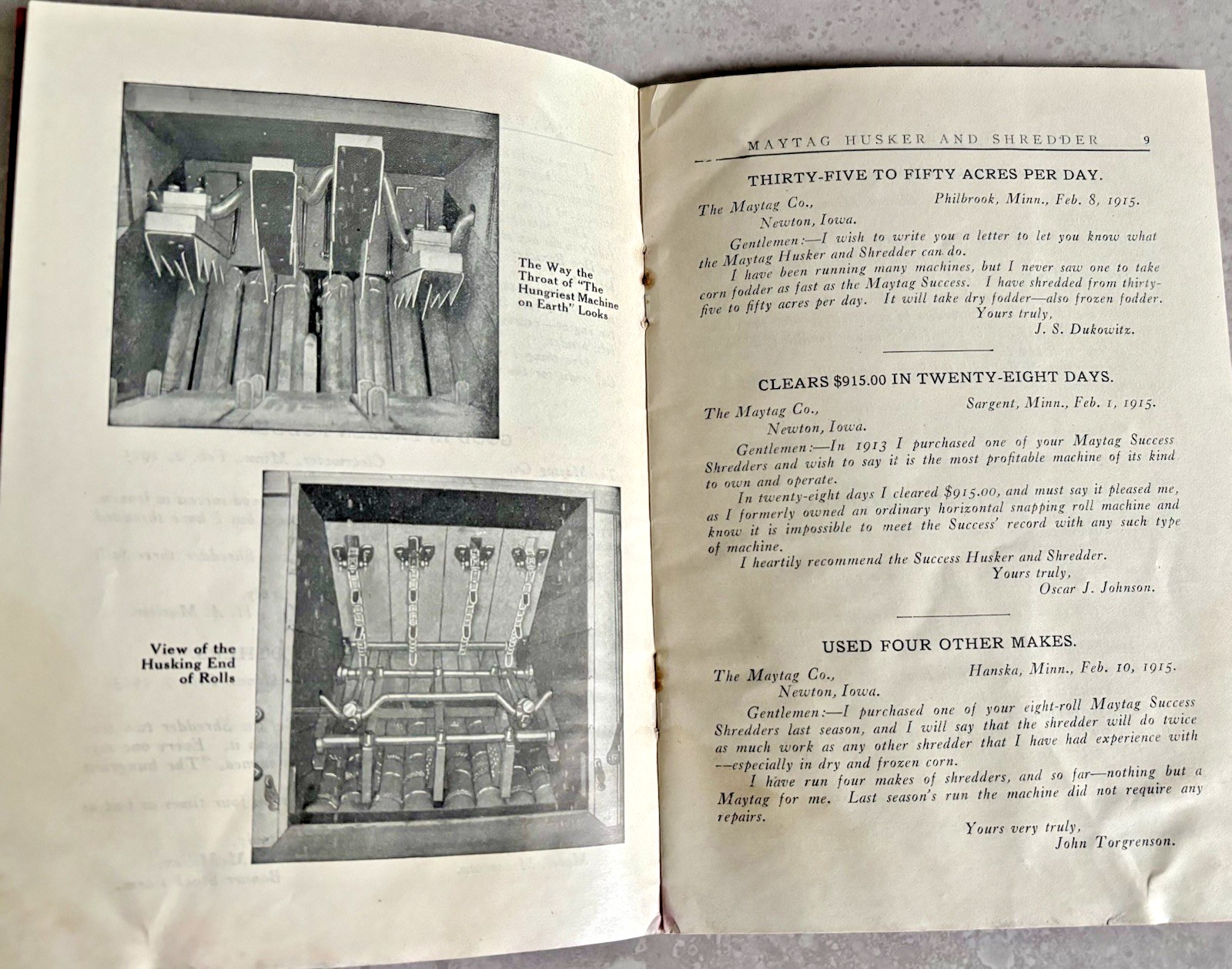 1915 Advertising Brochure Evidence Maytag Husker & Shredder Testimonials