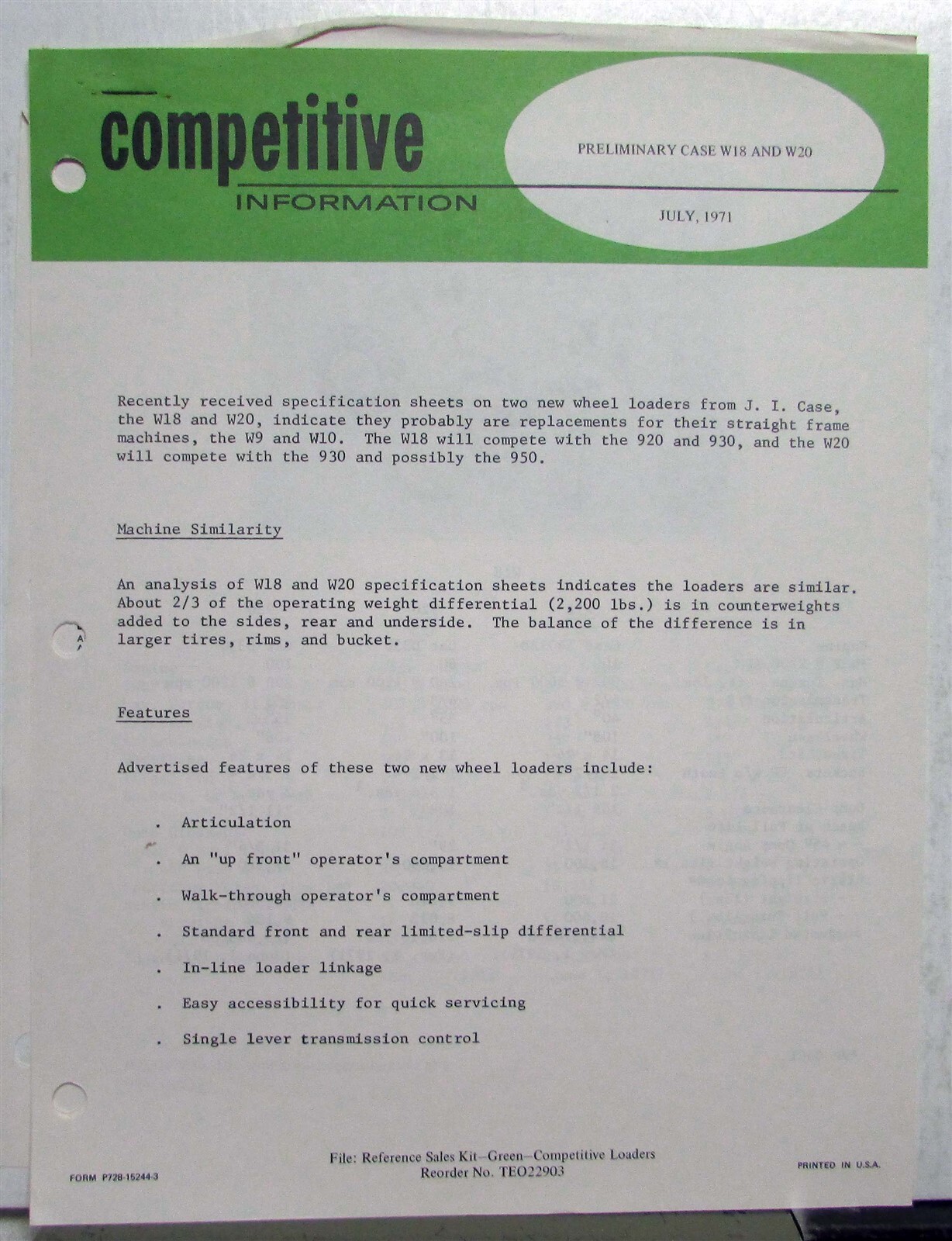 1972 Caterpillar Wheel Loaders Case Construction Competitive Information PRELIM